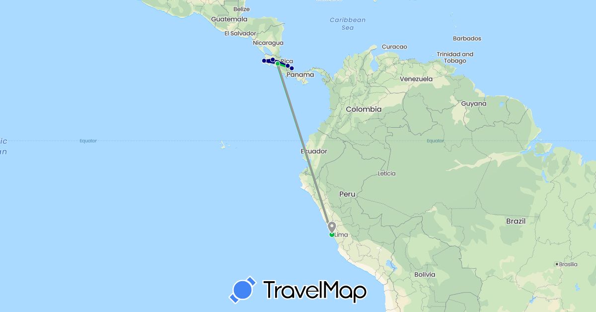 TravelMap itinerary: driving, bus, plane in Costa Rica, Panama, Peru (North America, South America)